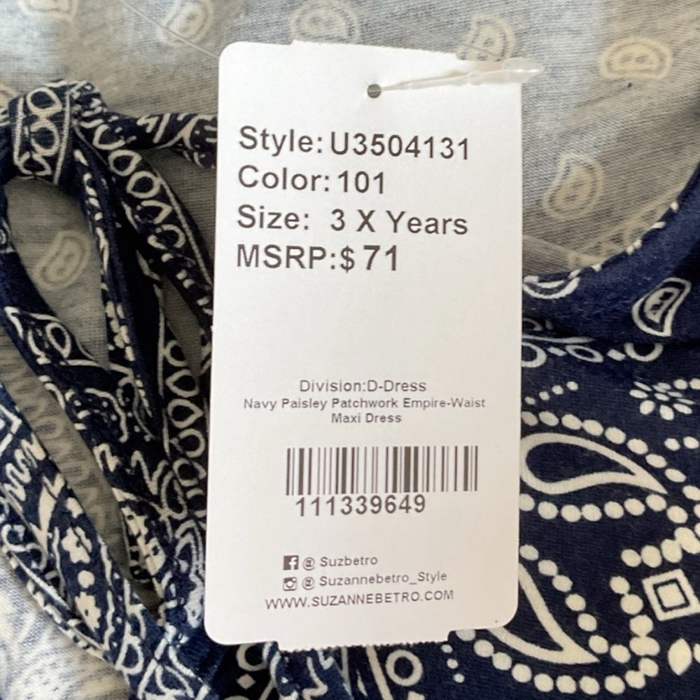 Women's Suzanne Betro empire waist Blue & White Paisley patchwork Maxi Dress 3X - Picture 10 of 12